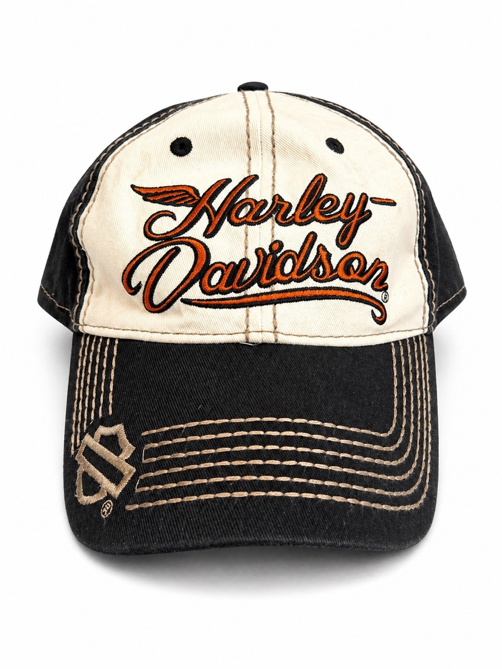 Harley-Davidson Black and Cream Script Logo Cap with Orange Accent
